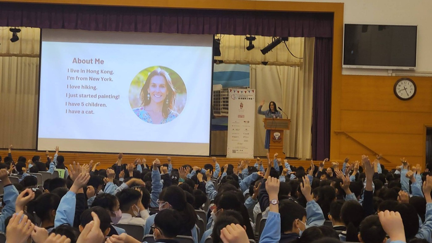 Erica Lyons speaking to students at a school author visit