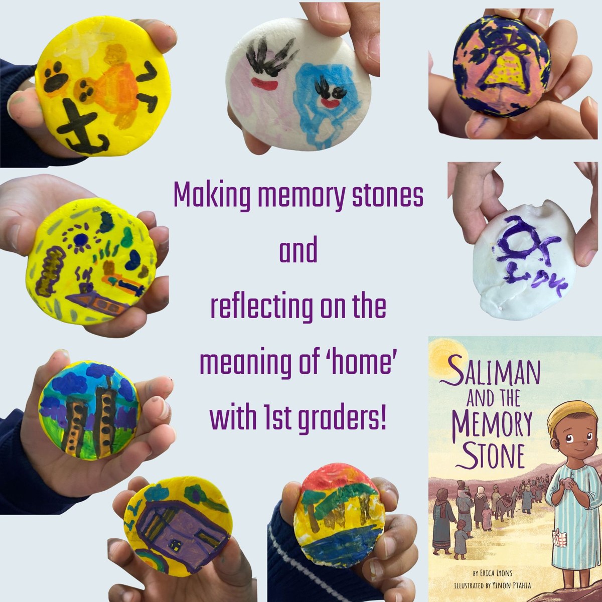 First graders' painted memory stones from Saliman and the Memory Stone craft project