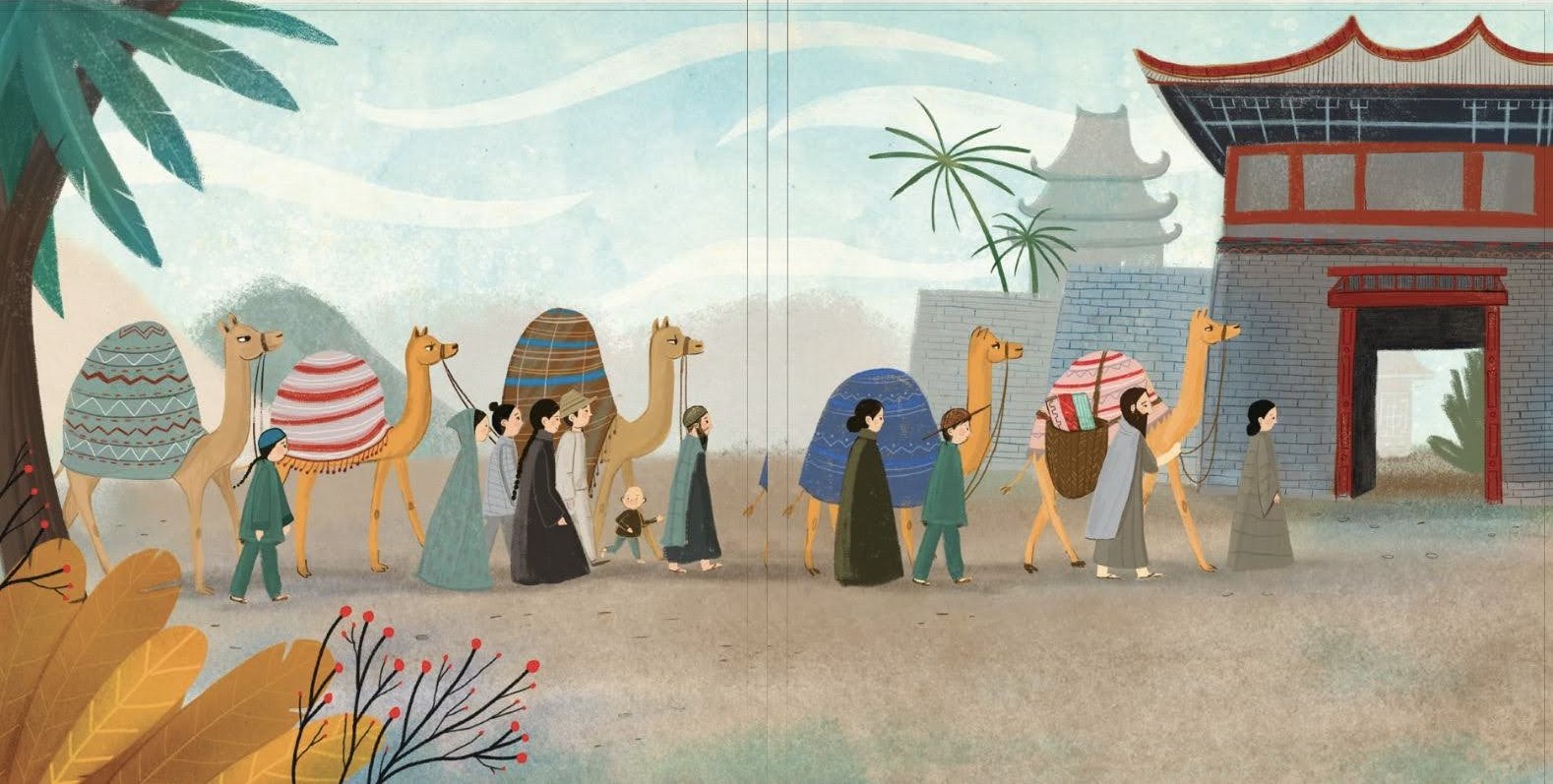 Illustrated caravan scene from Zhen Yu and the Snake